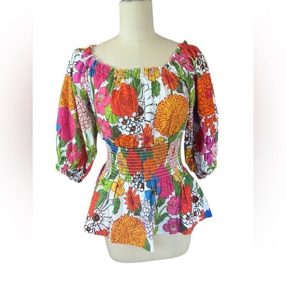 Cara Cara Heidi Smocked Top Shirt Womens S Blue Red Floral Peplum Cotton - Picture 2 of 6